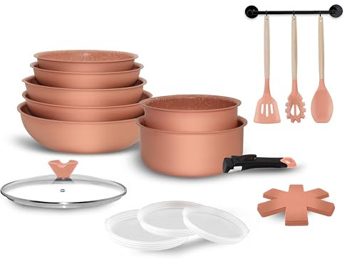 Arthur Martin, AMP61, set di pentole in alluminio da 18 pezzi con rivestimento grip, comprese padelle, pentole, padella, wok, coperchi e utensili - Dusty Rose, 20-28 cm