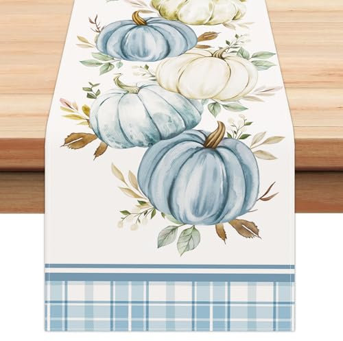 Bonhause Tischläufer Herbst Kürbis Eukalyptus Blätter Tischläufer Erntedank Saisonnal Küche Esstisch Dekoration für Drinnen Draußen Urlaub Party Waschbar Wohnkultur Tafeltuch (33 x 183 cm)