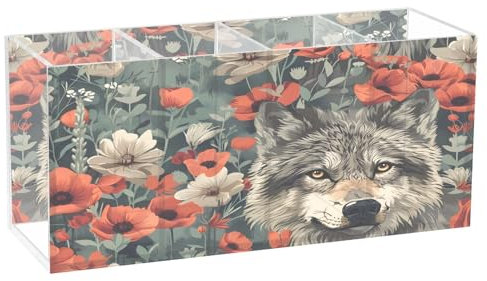 Pot à crayons en acrylique avec motif loup sur coquelicot 4 compartiments