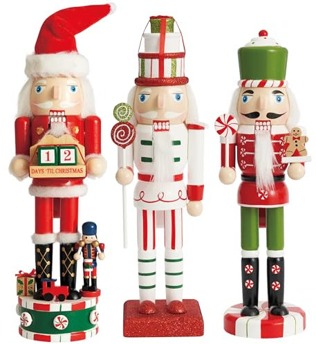 THE TWIDDLERS - 3 Hölzerne Nussknacker-Soldaten, 25cm in Festlichen Farben mit Weihnachts-Countdown - Hochwertiges handgefertigtes Kiefernholz, Traditionelle Ornamente, Weihnachtsdekorationen