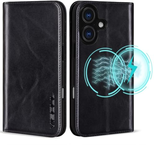 VS VISOUL Hülle für iPhone 16,Schutzhülle Echt Leder Schützt vor Stoß Kartenfach Magnetverschluss Stand klappbar handyhülle Handytasche Etui Case Schwarz A