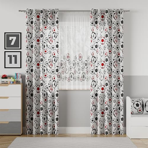 Gardinen Vorhangen Weiß 140x260 cm (BxH) Fußbälle Rot Kinderzimmer Stores Gardinen mit Kräuselband Kurz Lang Scheibengardine Vorhänge Fertiggardine Satin-Stoff