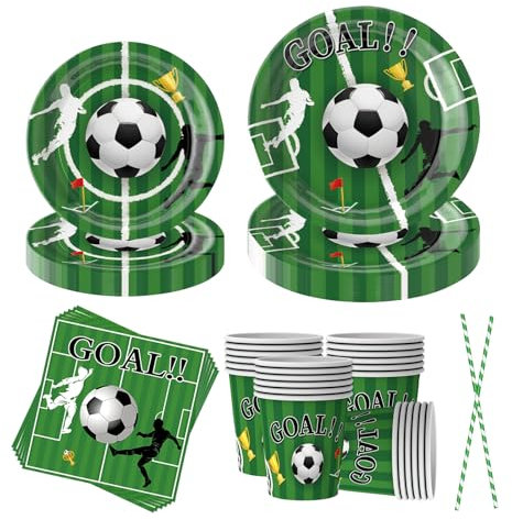 EVYIENEN Lot de 50 serviettes de table de fête de football - Décoration d'anniversaire pour enfants - Pailles en papier - Accessoires de fête d'anniversaire pour 10 invités
