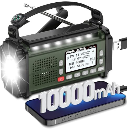 PRUNUS J-924 Digital Radio DAB+/UKW, Kurbelradio Notfall mit 10000mAh Akku, DAB Radio mit Bluetooth, Notfallradio mit Taschenlampe/SOS Alarm/Handyladefunktion für Ourdoor, Notfall. (Grün)