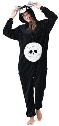 Schwarzes Glücksbärchi Kostüm, Onesie, Overall, Jumpsuit für Erwachsene, Damen, Herren, Pechbärchi Fasching, S