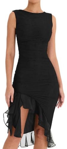 Hanaoops Vestito Donna Sexy Schiena Scoperta Senza Maniche Midi Abito con Spacco Orlo a Volant Increspato Bodycon Dress in Tulle Estivo Collo Rotondo Aderente Abiti per Party Club Cocktail