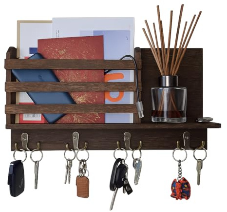 Organisateur Mural Intelligent 3-en-1 | Porte-Clés & Organisateur Courrier avec Étagère Décorative | 4 Crochets Doubles Métal | Bois de Paulownia | Style Rustique Farmhouse