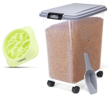 Nobleza - Contenedor de Comida para Mascotas 40L, Mascotas Caja de Alimentos con Ruedas, Tapa abatible, hermética, Transparente, Ruedas y Pala, con un tazón de Comida Lenta, para Perros y Gatos, Gris