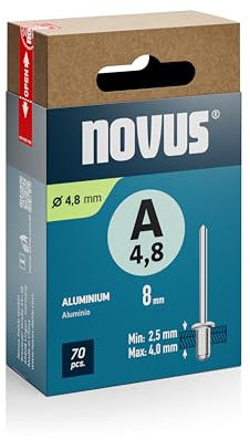 Novus Tools Aluminium-Blindnieten Ø 4,8 mm, 8 mm Länge, 70 Nieten, 2,5-4,0 mm Klemmlänge, ideal zur Befestigung von Nichteisen-Metall, Kunststoff, Leder und Stoffe