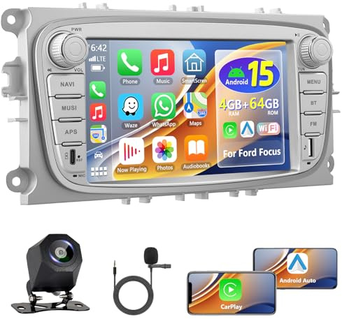 Motorsi Qualcomm 8 Core 4GB+64GB Carplay Autoradio für Ford Focus II MK2/S-Max/Mondeo MK4/Galaxy II C-Max 06-11 mit Android Auto, 7 Car Stereo Con GPS 5G-WLAN SWC BT EQ Canbus + Rückenkamera