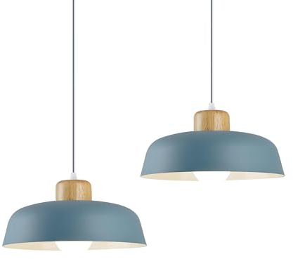 HJXDtech Nordic Modern Einfache Metall Pendelleuchte E27 Holz Lampenfassung 30cm Pendellampe Hängelampe Lebendige Farbe Für Küche Schlafzimmer Lounge (2er-Pack Nebelblau)