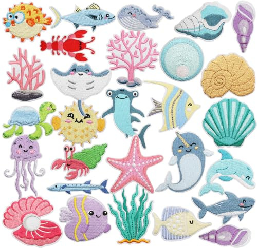 28 PCS Marine Organisms Embroidered Patches Iron on Sew on Funny Cartoon Marine Organisms Applique Patches for Shirts Backpacks Pants DIY Decoration Jackets Vests Uniforms Clothes Coat Bags