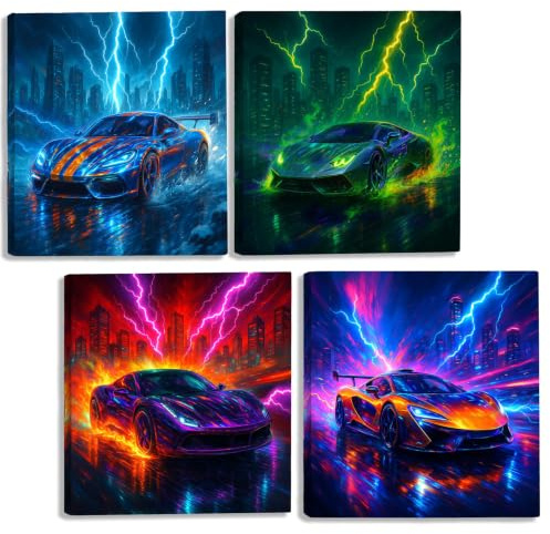 Leseogye 4er-Pack Supercar-Rennposter, Auto Poster, Supersportwagen Car Poster, Hochwertige Supersportwagen Wall Art für Garage Büro Jugendzimmer Deko, Ideal für Motorsport Fans