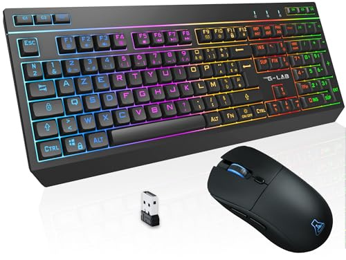 The G-Lab - Combo Tungsten EX - Pack Clavier Souris sans Fil - Triple Connexion 2.4GHz/ BT/Filaire - Clavier Gamer AZERTY FR, RGB & Macros Custom - Souris Gaming sans Fil 6400DPI - PC/PS4/PS5