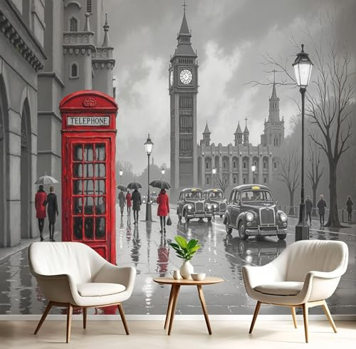 JEDTAKCT Wall Murals City Phone Booth Wallpaper, Big Ben London Wall Mural Decorative Wallpapers for Living Room Bedroom Charcoal Grey Photo Wallpaper, 200X140Cm (Wxh) Art Wallpapers 3D Effect
