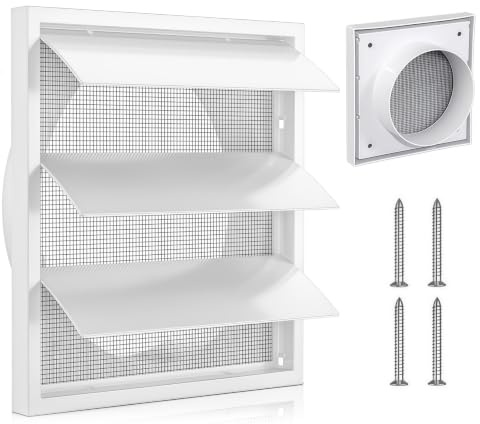 4 Inch/100mm External Wall Vent Cover with Gravity Grille & Flyscreen | Air Vent Covers for Walls, 142x142mm Plate, Gravity Shutters Stop Backdraught,for Bathroom, Kitchen & Tumble Dryer Vents