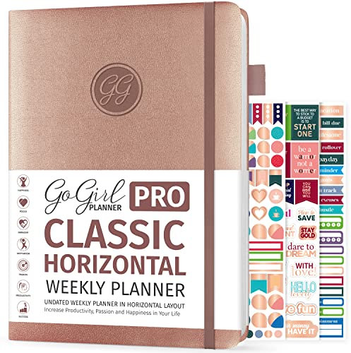 GoGirl Planner Pro Wochenplaner und Organizer, horizontales Layout, mit Seiten für Budgeting und Ausgaben, Ziel-Tagebuch und Agenda, undatiert, 17,8 x 25,4 cm, Hardcover, hält 1 Jahr – Roségold