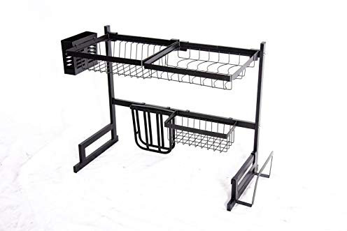 Over Sink Dish Drying Rack Dish Drainer,2-Tier Large Capacity Dish Rack, Sink Organize Stand Shelf with Utensil Holder Hooks, Kitchen Countertop Supplies Storage for Plates Bowls Pots (Medium)