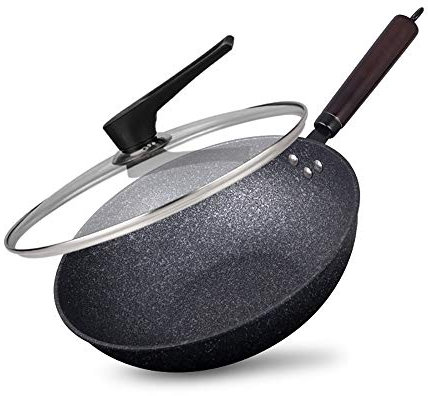 JTRHD Non-stick Pot Wok Non-stick Cookware Low Oily Wok Pan with Wooden Handle Flat Bottom Wok Quick and Even Cooking (Color : Black, Size : 32cm)