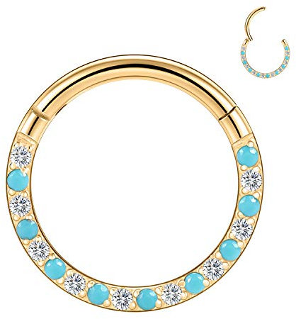 AROWRO Nasenringe Septum Clicker Nase Hoop Ring 316L Chirurgenstahl Knorpel Daith Helix Ohrringe Hoop Daith Piercing Schmuck CZ Türkis Gepflastert 16G 6mm Gold