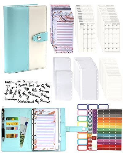 A6 Binder Budget Planner Notizbuch - 90pcs Leder Ringbuchordner Set, 6 Löcher Loseblatt Notebook Ordner Geld Sparen Mappe mit Budgetkarte/Kalender Karte/PVC Tasche/Refill Paper/Etikettenaufklebern