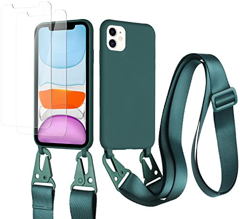 vrupin Funda Compatible con iPhone 11.con (2 x Protector Pantalla)con Cuerda Case con Ajustable Cordón.Silicona Líquida Funda-Verde