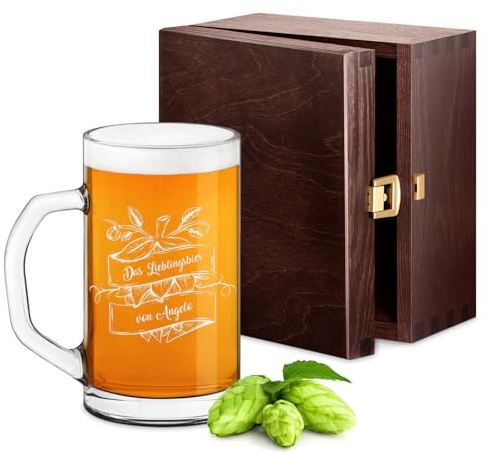 Maverton Bierkrug mit Gravur personalisiert, klassisches Bierglas 640 ml | Bierseidel für Männer, Bierhumpen für Biertrinker, Maßkrug zum Geburtstag, Weihnachtsgeschenke, Hopfen