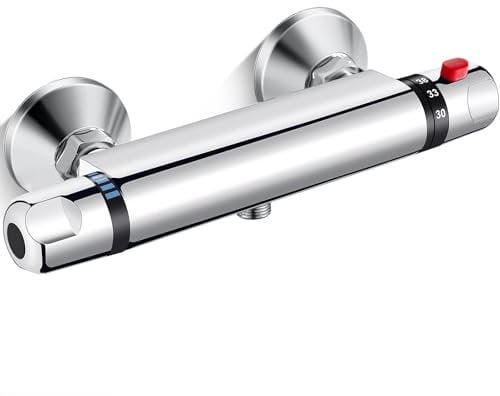 AIMOYO Mitigeur Douche Thermostatique, Murale Robinet Thermostatique de Douche avec Bouton Sécurisé à 38°C Anti-brûlure Mitigeur Douche Entraxe 150mm, Douche en Laiton, Chromé