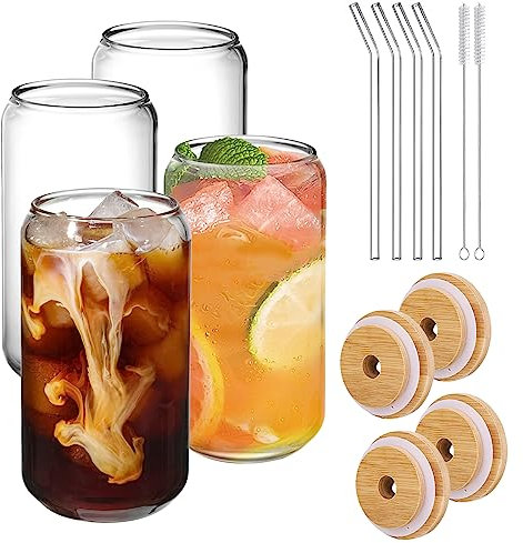 Disnace 4-Teiliges Set Einmachglas Mit Bambusdeckel Und Strohhalm, Breite Öffnung Einmachglas Iced Coffee Glas, Trinkgläser Kann Bierkrug Fruchtsaftbecher, Mason Glas Tumbler Cup Bubble Tea Becher
