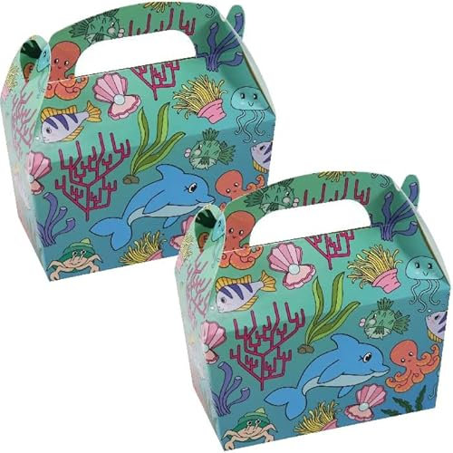 12x Geschenkboxen * Meerestiere * für Mitgebsel zum Kindergeburtstag | Mitgebselbox aus Pappe | Tiere Partybox mit Tragegriff | Partytüten Delfin Fische Aquarium Meer Muschel
