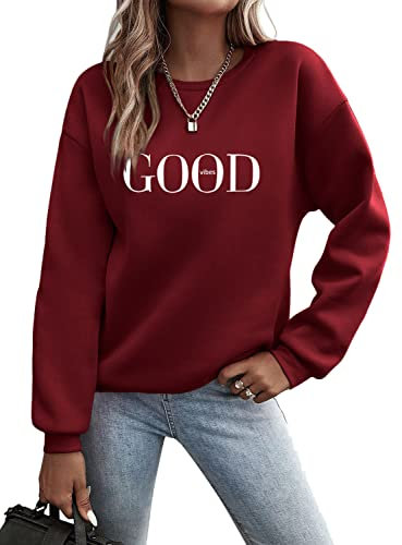 Minetom Pullover Damen Sweatshirt Briefe Drucken Langarm Rundhals Pulli Herbst Winter Frauen Buchstaben Druck Locker Casual Oberteil Sport Streetwear Sweatshirts ohne Kapuze Bluse Tops A Weinrot L