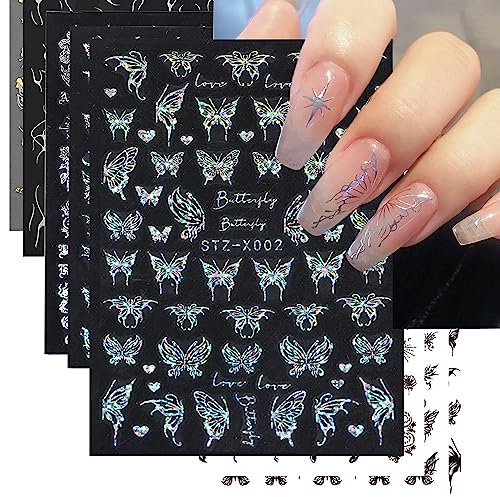 Nagelsticker Schmetterling 8 Blatt Nagelsticker Selbstklebend Nail Art Sticker Laser Silber Schwarz Schmetterlings 3D Nail Sticker DIY Maniküre Dekoration Nail Art Zubehör
