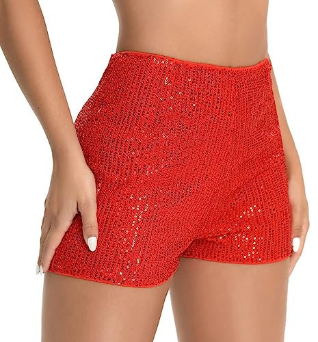PengFaXin Damen-Shorts mit Pailletten, hohe elastische Taille, einfarbig, glitzernd, Party-Shorts, rot, S