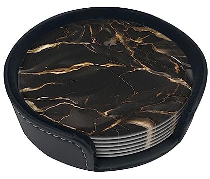 Lot de 6 dessous de verre ronds en cuir noir et doré avec support, absorbants, protégeant la table, adaptés pour types de tasses de 9,9 cm