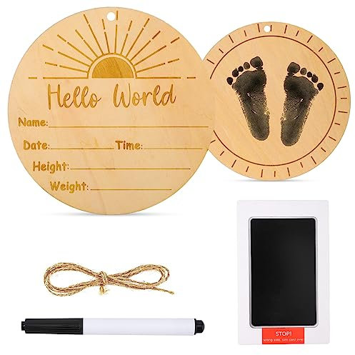 Ankündigungsschild Baby Set aus Holz mit Schwarzem Marker & Stempelkissen für Hand- und Fußabdrücke Doppelseitig Hello World Schild für Kindergarten Krankenhaus Babyparty-Andenken(Sonnenaufgang)