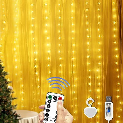Cortina de Luces LED 3x2m, 200 LED, 8 Modos Con Remoto & Enchufe UE, IP44 Impermeable Para Exterior, Fiestas, Navidad, Bodas, Ventanas, Interior