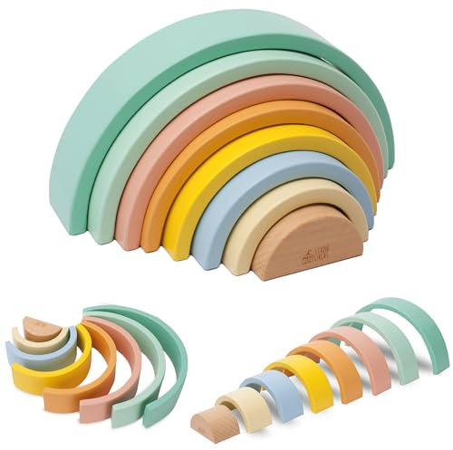 sun baby Spielbogen Holz, Rainbow, Lernspielzeug ab 1 Jahr, Bunter Holz Regenbogen, Stapelturm Lernspielzeug aus Holzbausteinen 8-teilig Bauklötze; aus umweltfreundlichen