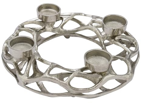 weihnachtlicher dekorativer Adventkranz aus Aluminiumgeflecht in dreidimensionaler Kranzoptik mit 4 Kerzenhaltern silberfarbig oder schwarz lackiert in verschiedenen Größen (mittel, Silber)