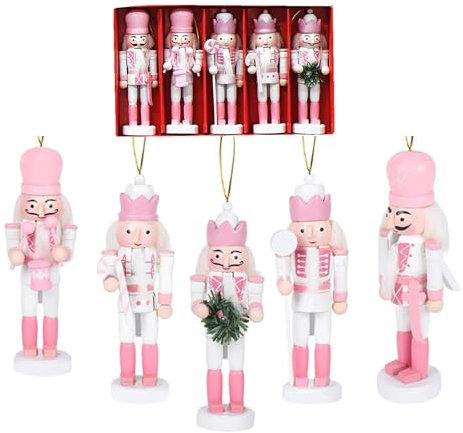 5 P Christmas Wooden Nutcracker Soldiers,12cm Pink Nutcracker King Ornaments,Pine Wood Painted Hanging Nutcracker Christmas Decor for Home Fireplace Xmas Mini Figures Puppet Soldiers Doll Gifts Toy