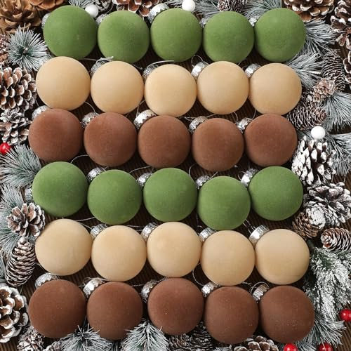 Arrowbash 30 Stück Samt-Weihnachtskugeln, beflockt, Weihnachtsbaumkugeln, Ornament, Kunststoffkugeln, Weihnachtsdekoration, hängende Ornamente, Weihnachtsbaumschmuck für Weihnachtsbaum (Grün, Braun,