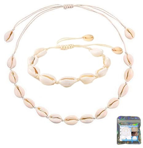 Jormftte 2 Pieces Shell Necklace Bracelet, Shells Necklace Bracelets Set, Adjustable Shell Bracelets Anklets, For Women, Girls And Man (White)