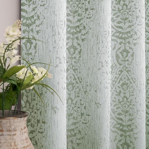 Mrs.Naturall Sage Green Curtains 90 Inch Length for Living Room 2 Panel Set Grommet Damask Medallion Pattern Room Darkening Window Curtain Drapes for Bedroom, 52x90 Inches Long