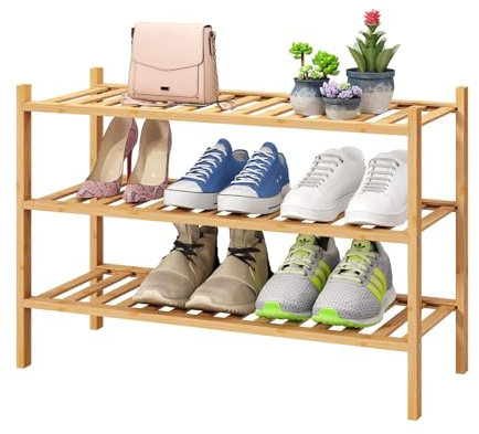 Akloya Bamboo Shoe Rack, Multipurpose 3 Tier Shoe Organizers，Small Shelfs for Shoes, Plants, Books, Living Room, Hallway Bedroom, Bathroom (3 Tier)