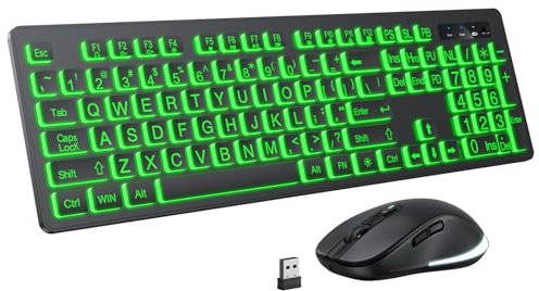KOPJIPPOM Large Print Wireless Keyboard and Mouse - 7 Color Backlit, Oversize Letters, Rechargeable, Compatible with PC, Windows, Gaming