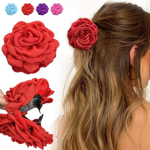 Pinces à Cheveux, Barrette Fleur Roses Clip Multicolore, Artificielle Fleur Hair Clips pour Femmes et Filles, (Rouge, Environ 9cm)