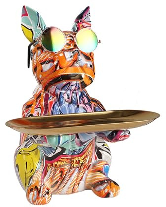 Tauzveok Bunt französische Bulldogge deko, Hund deko Statue für Schlüssel Ablage, Süßigkeiten Schmuck, Ohrringe, Bulldog deko Schlüssel Schale, Mit Tablett,Orange