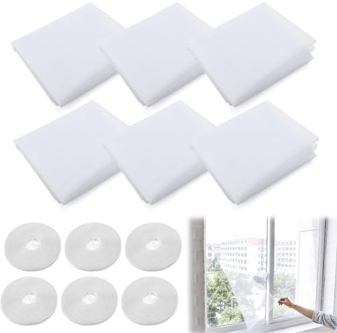 6Pack Mosquito Net for Windows,Fly Window Screen Mesh Universal Transparent Washable Insect Netting 1.3m x 1.5m Bug Bee Mosquito Protector with 6 Rolls Self-Adhesive Tapes [10mm Wide] White