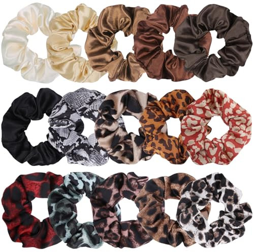 SYEYCW 15 Stück Satin Haargummis Scrunchies für Frauen, Weiche Elastische Haarbänder, Leoparden und Einfarbige Dicke Bänder, Pferdeschwanzhalter Haar Accessoires, für Mädchen und Damen