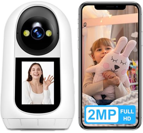 ANTELA Überwachungskamera Innen 2MP, 2.4GHz WLAN IP Kamera, Zwei-Wege-Videokamera mit 2,4-Zoll-Bildschirm, 355°/90°, IR-Nachtsicht und Bewegungserkennung, kompatibel mit Alexa/Google Home