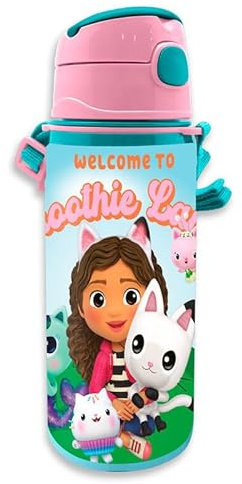 Gabby's Doll House Reusable Bottle, Gabby Bottle, Durable Aluminium Design, Water Bottle for Girls, Travel Bottle with Handle, Capacity 600 ml